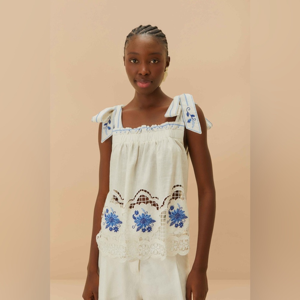 New With Tags Farm Rio White Daisy Embroidery Lenzing™ Ecovero™ Euroflax™ Blouse